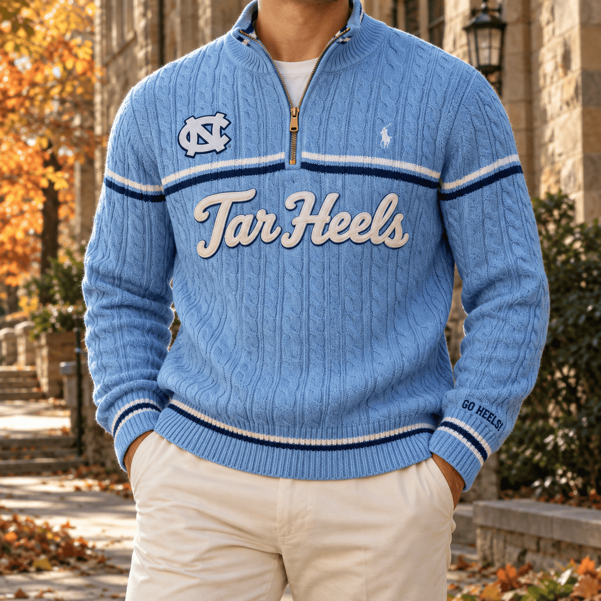 UNC Premium Varsity Cable-Knit Quarter-Zip Sweater NHVH