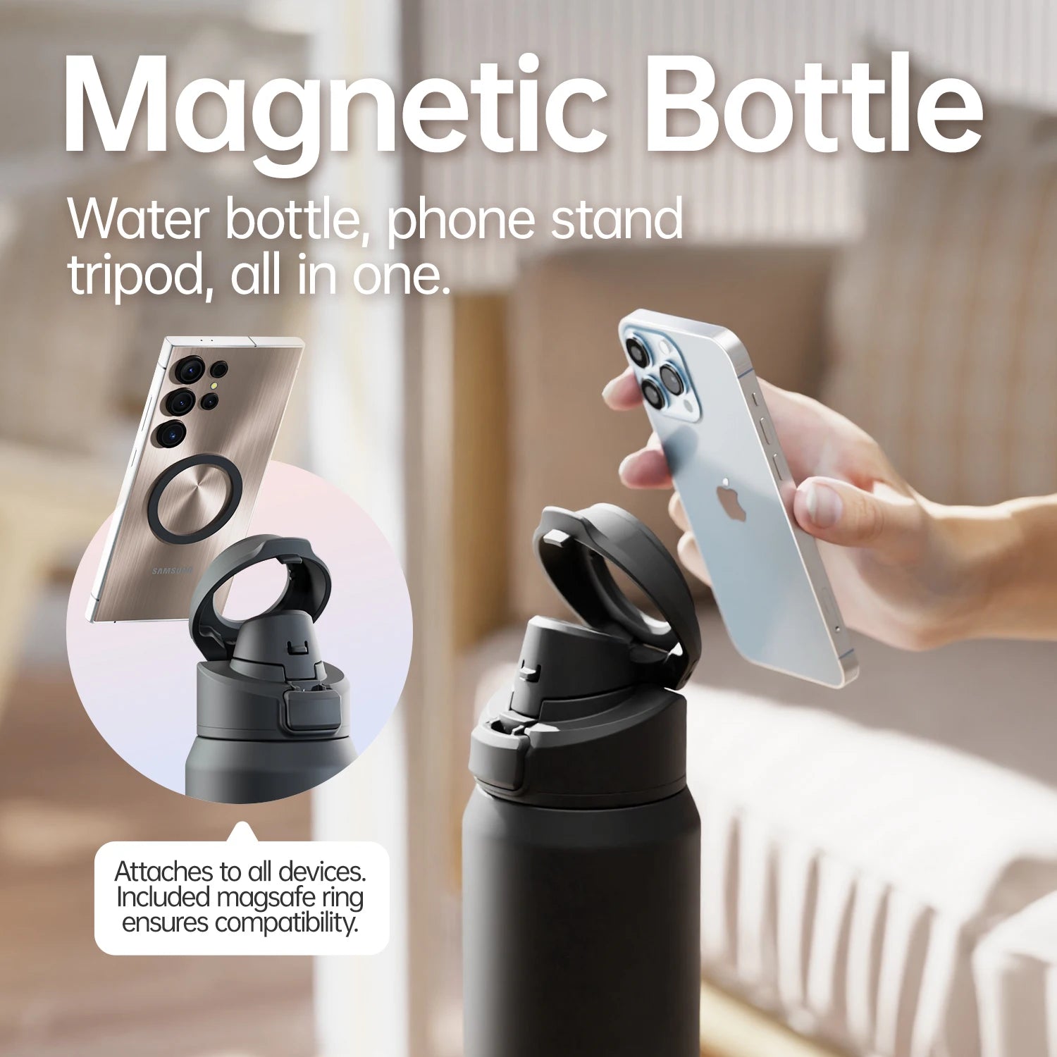 Fjbottle Magnetic Thermos Stainless Steel Sports Water Bottle with Magnetic Phone Holder Bouncing cover Insulation Cup
